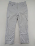 Chino grey capri pants five-pocket design with subtle embroidery and stretch cotton blend.