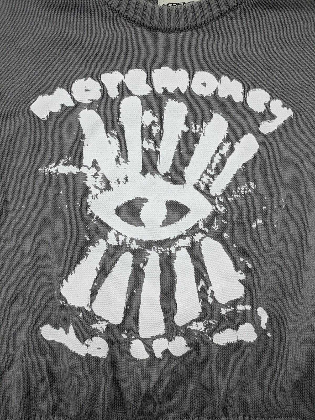 MOREMONEY grey turtle neck jumper with white abstract graphic print and relaxed fit.