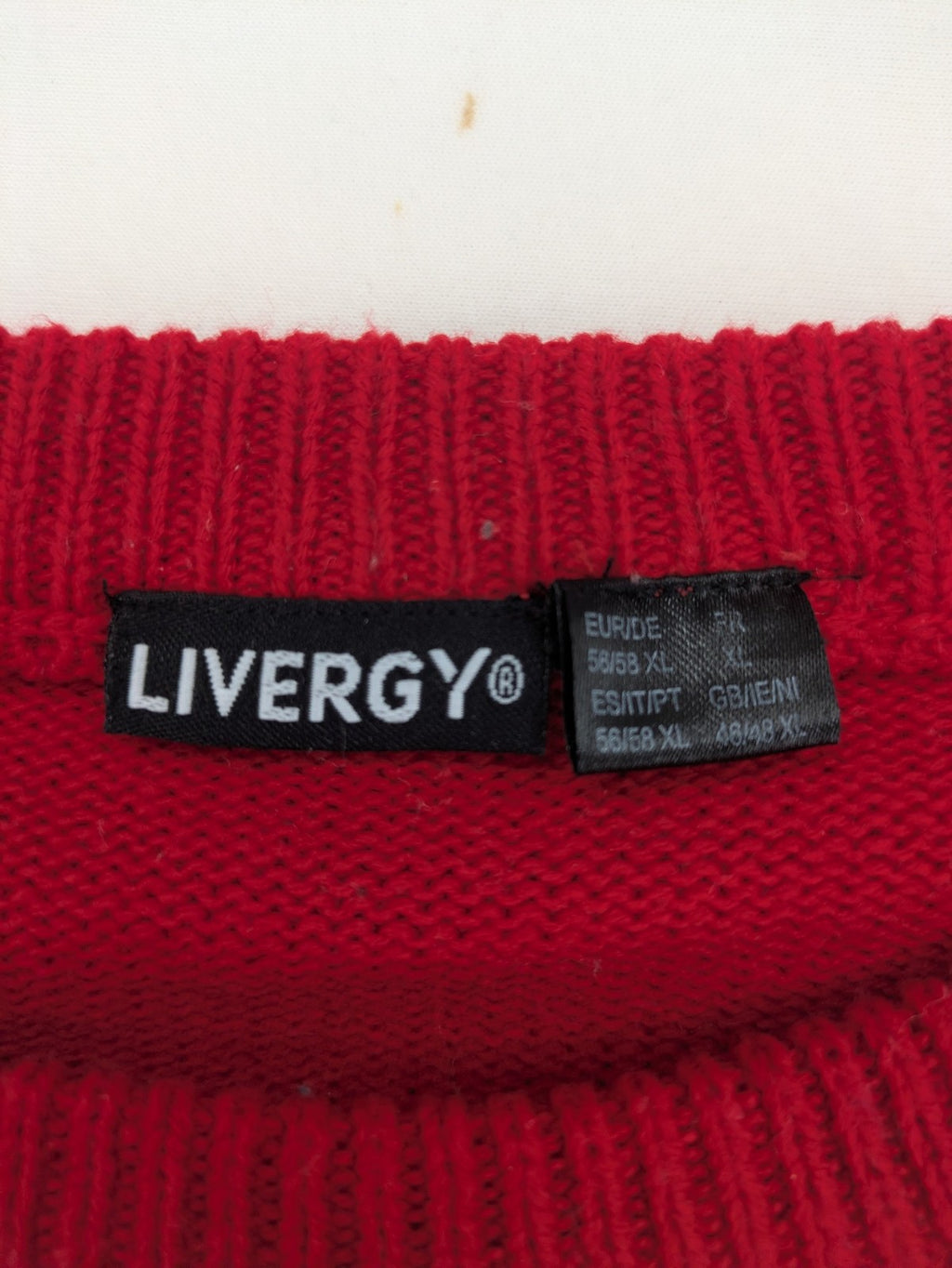 Livergy red turtle neck jumper festive Santa design with white collar and belt pattern.