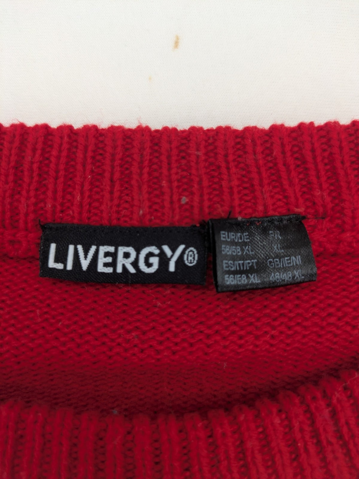 Livergy red turtle neck jumper festive Santa design with white collar and belt pattern.