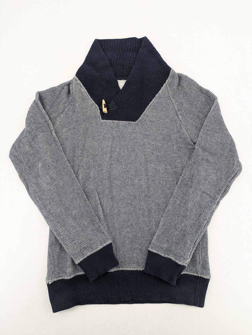 Zara Man multi striped turtle neck jumper with dark blue knit collar and wooden toggle.