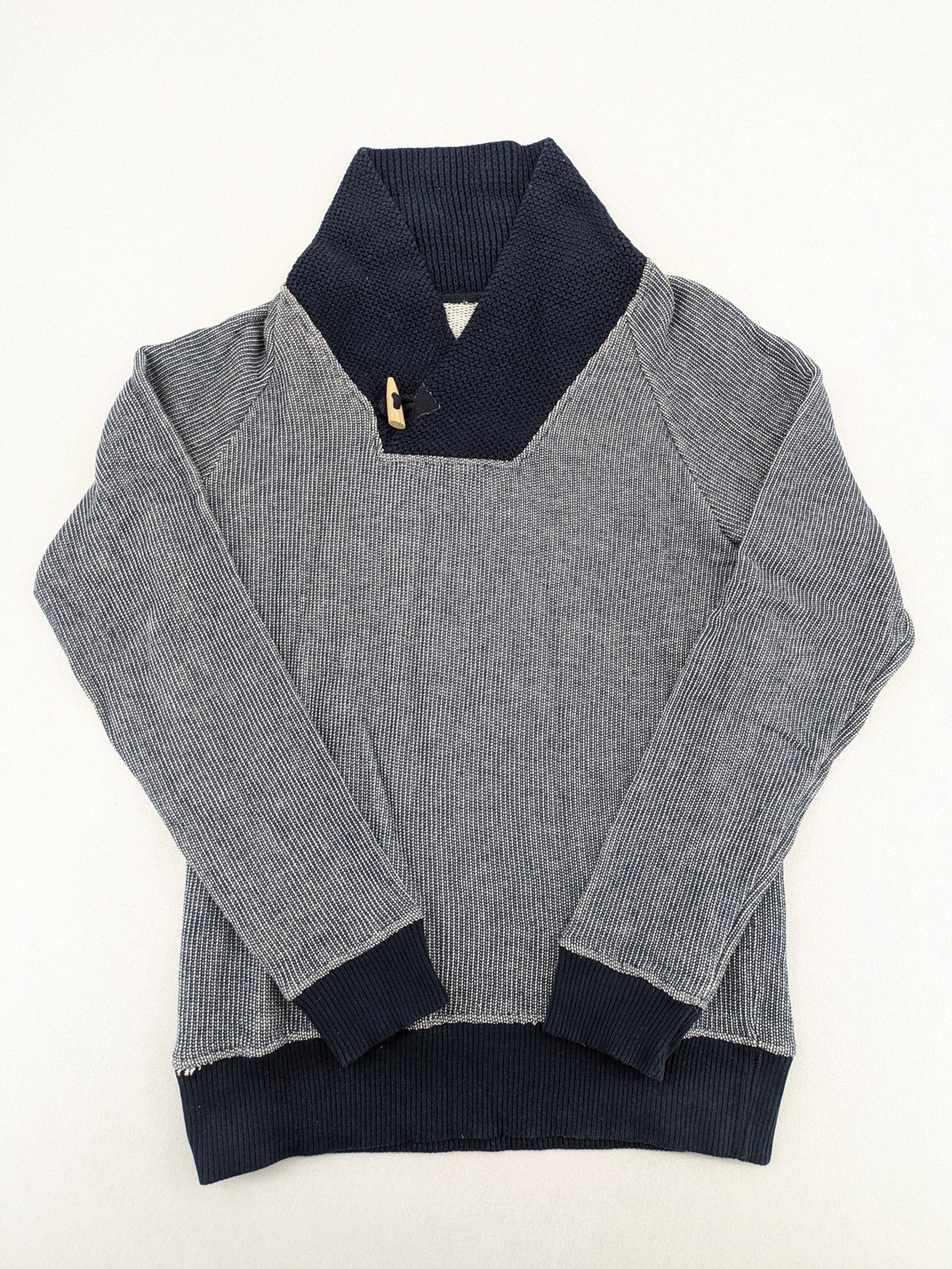 Zara Man multi striped turtle neck jumper with dark blue knit collar and wooden toggle.