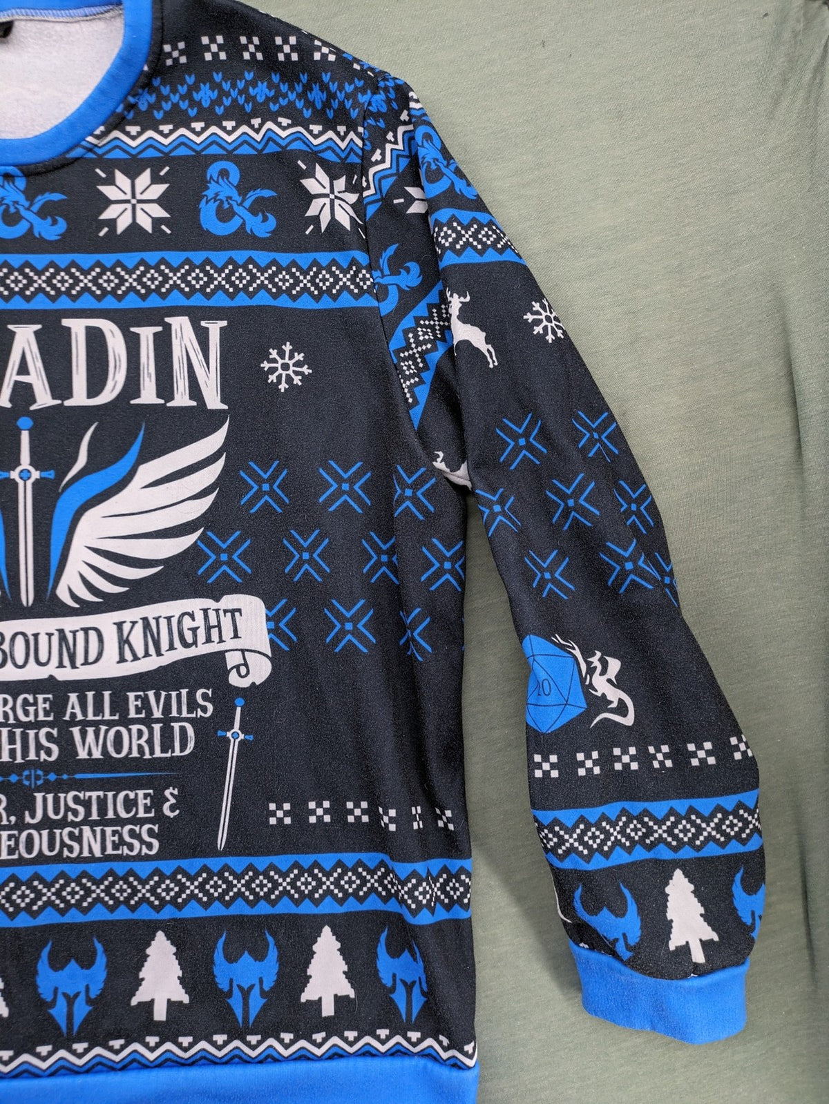 Dungeons & Dragons blue sweatshirt featuring Paladin text, iconic logo, and fantasy graphics.