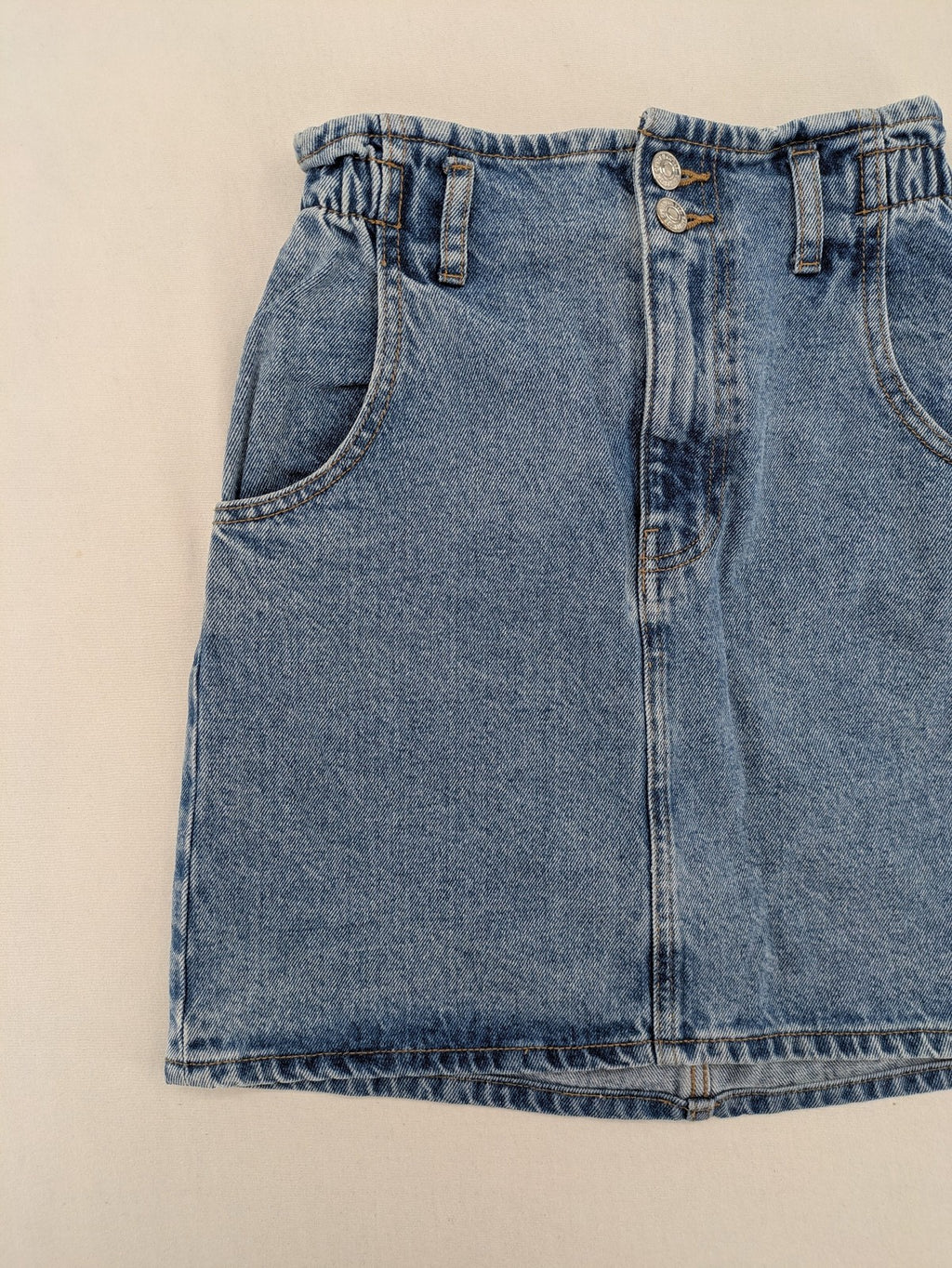 MNG blue knee-length skirt high waist paperbag style with elastic back and classic wash.