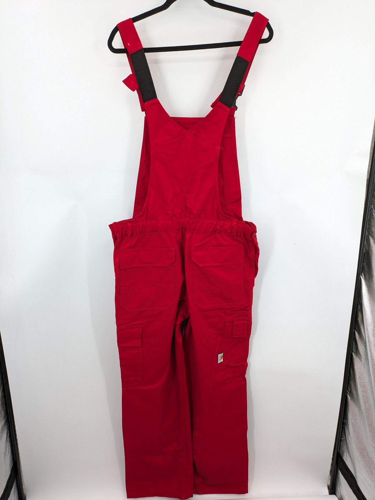 Stonekit red work overalls cotton with adjustable straps and multiple cargo pockets.