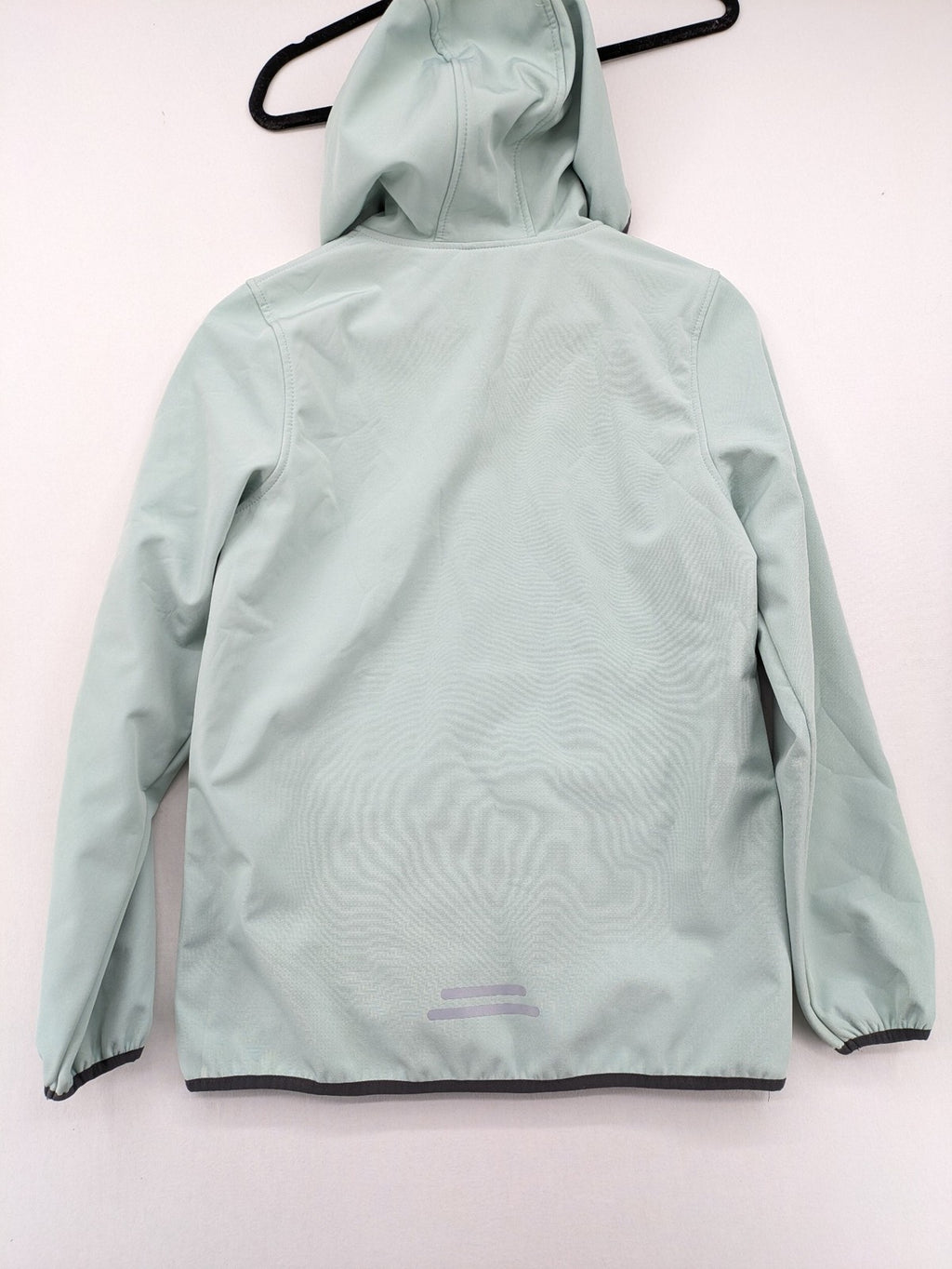 YFK outdoor jacket mint green softshell with dark grey fleece lining and hood.