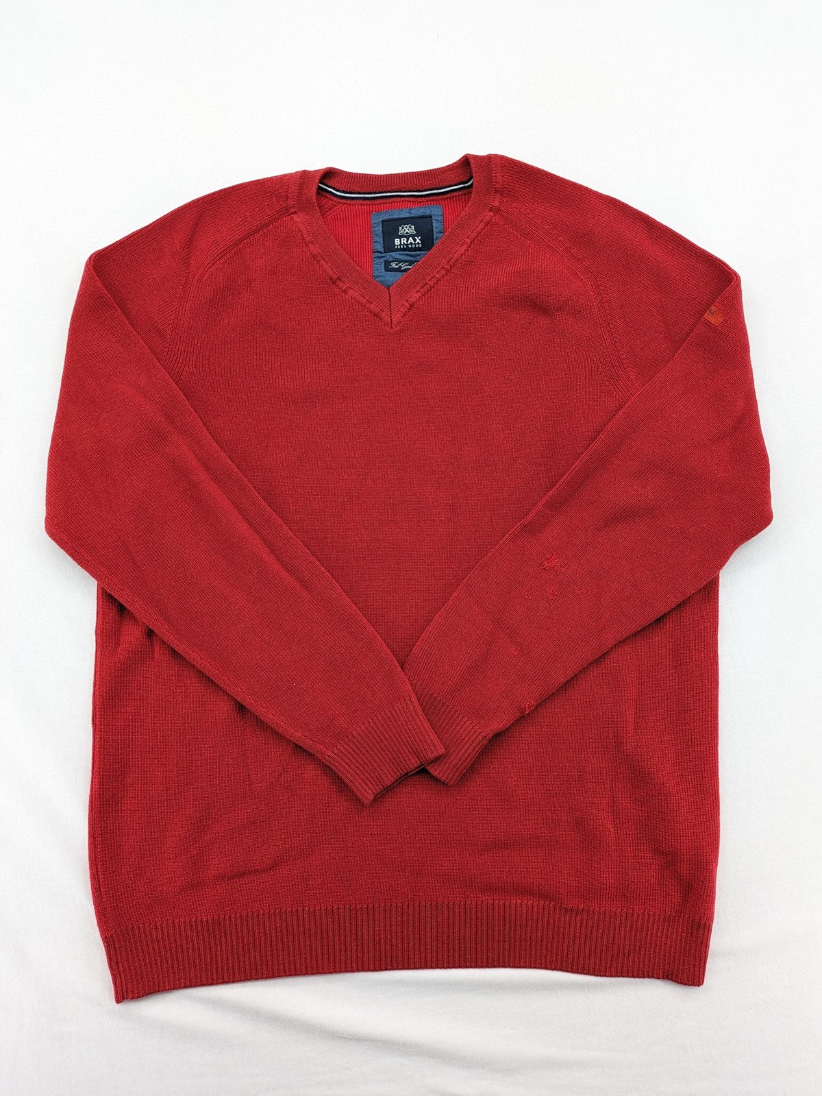 BRAX red turtle neck jumper V-neck design made from merino wool and cotton blend.
