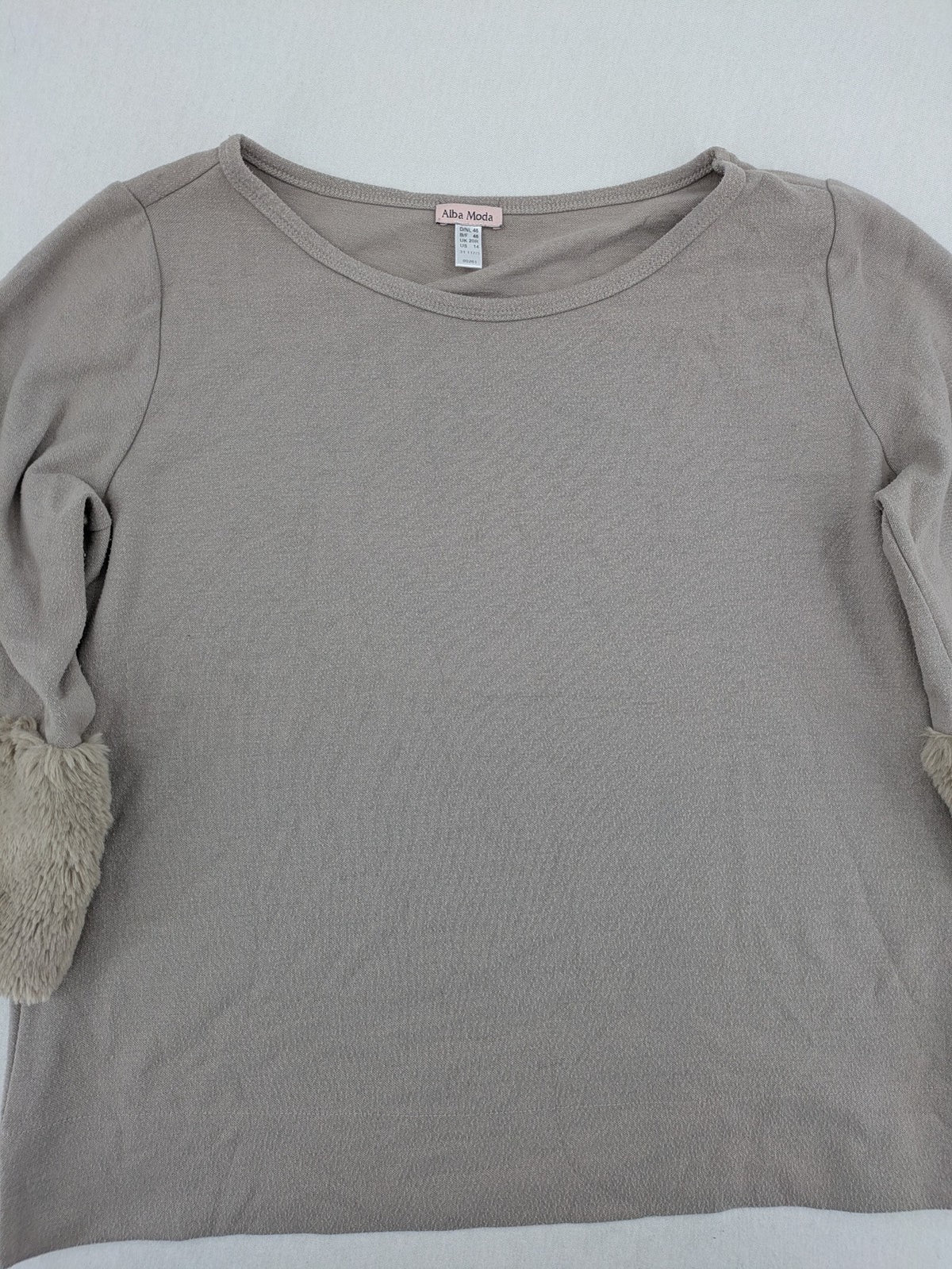 Alba Moda beige turtle neck jumper with plush faux fur cuffs and 3/4 sleeves.
