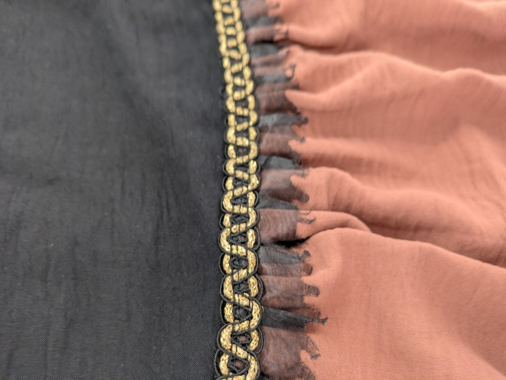 Efsun Moda grey and pink A-line dress with gold decorative chains and long balloon sleeves.