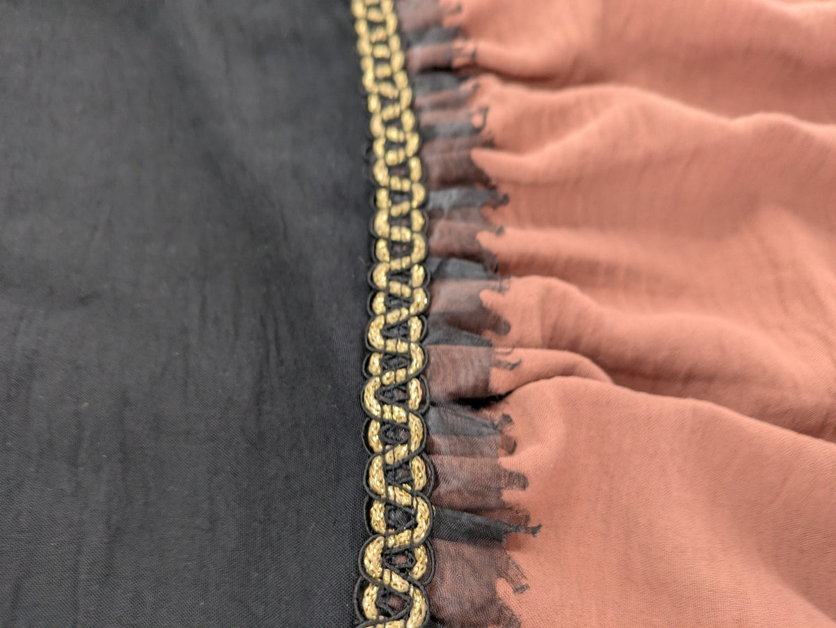 Efsun Moda grey and pink A-line dress with gold decorative chains and long balloon sleeves.