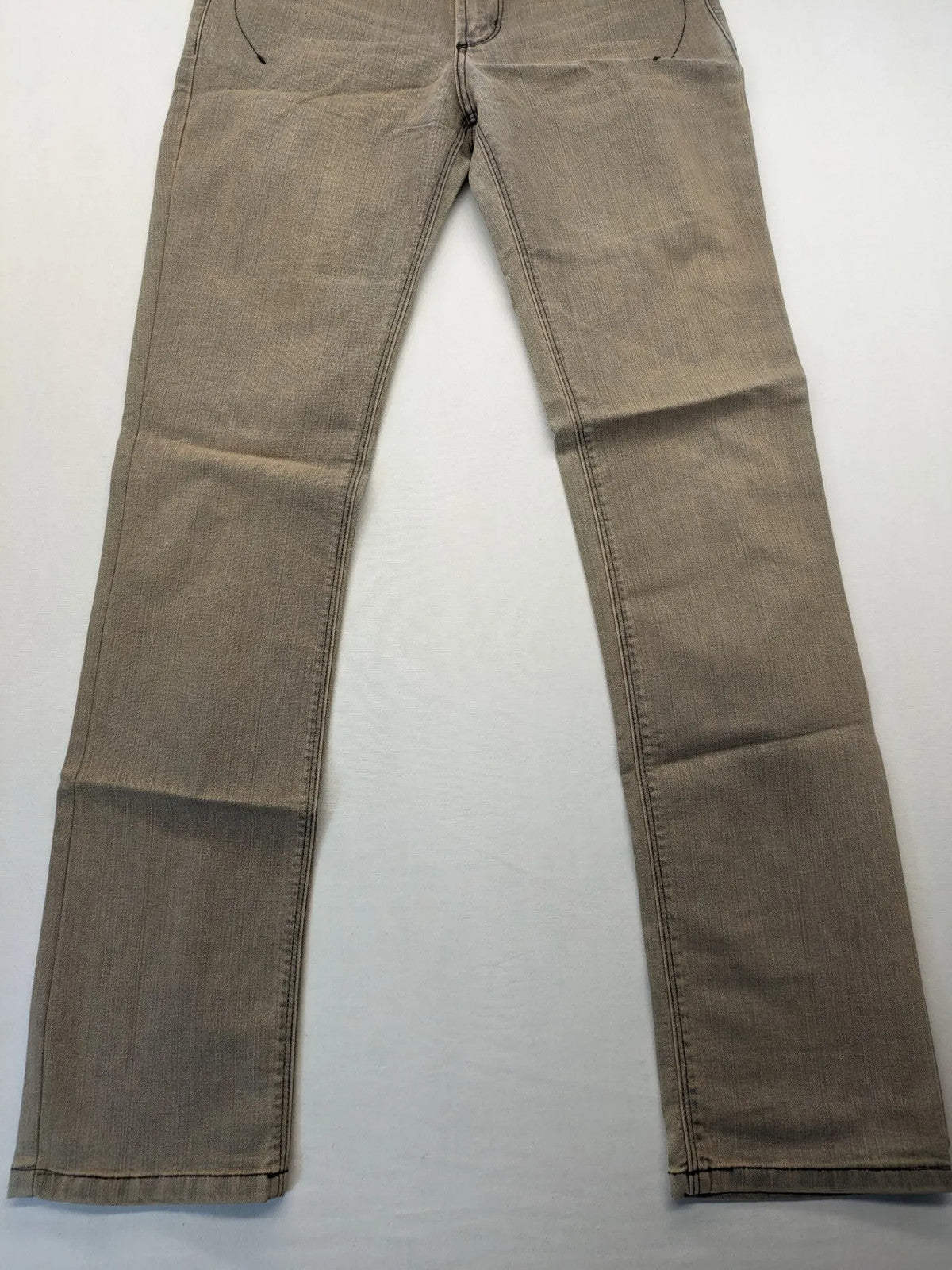 Masha khaki straight jeans with rhinestone embellishments and decorative stitching.
