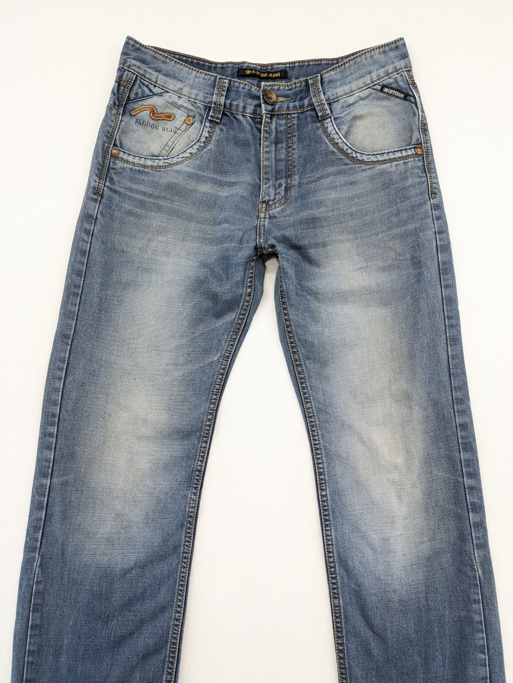 R-Stone Jeans blue straight leg denim with washed effect and "Fashion Wear" embroidery.