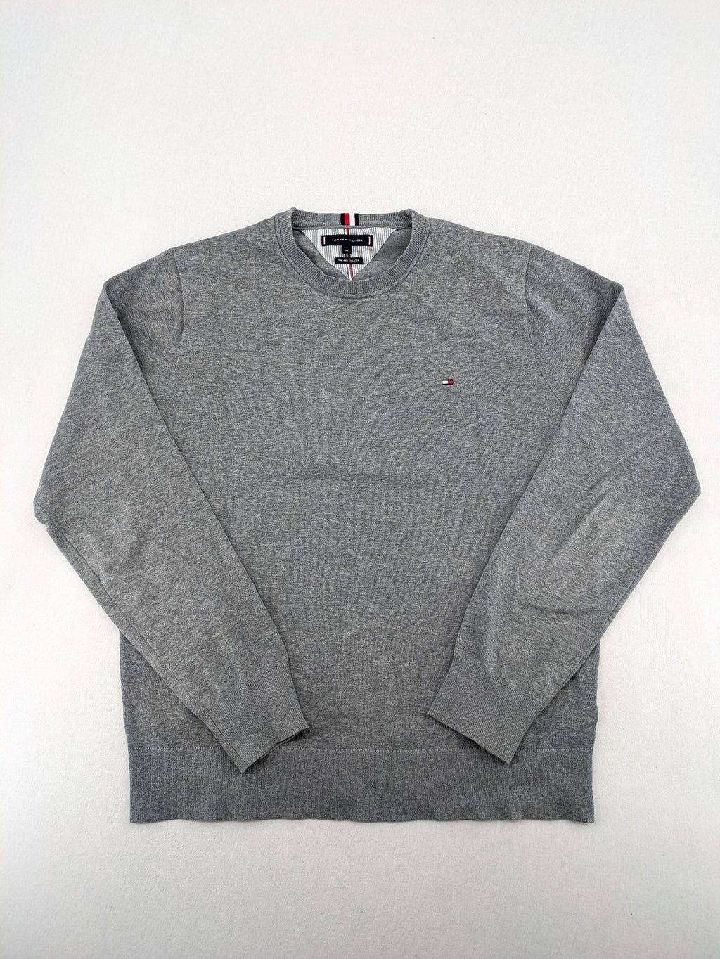Tommy Hilfiger grey turtle neck jumper with embroidered flag logo, soft cotton blend.