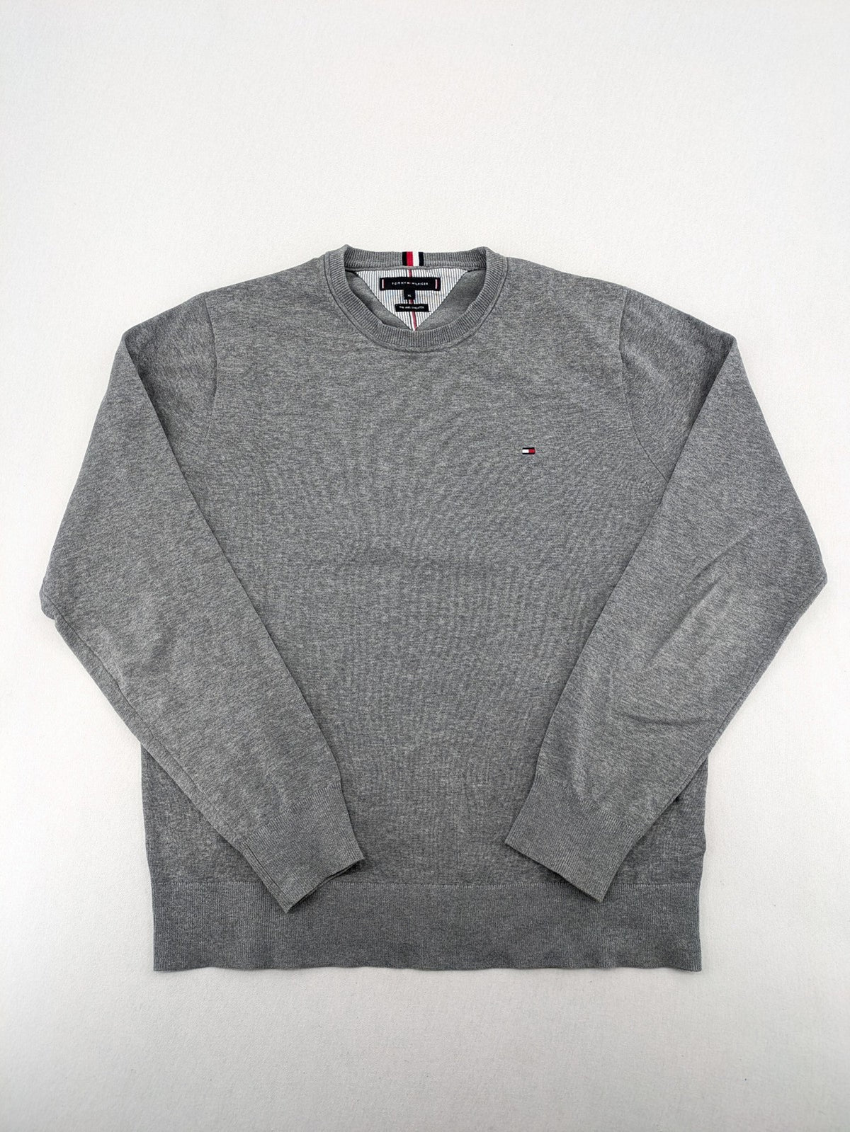 Tommy Hilfiger grey turtle neck jumper with embroidered flag logo, soft cotton blend.