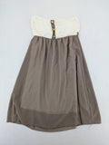 Creme bandeau summer dress in taupe with lace top and decorative gold buttons.