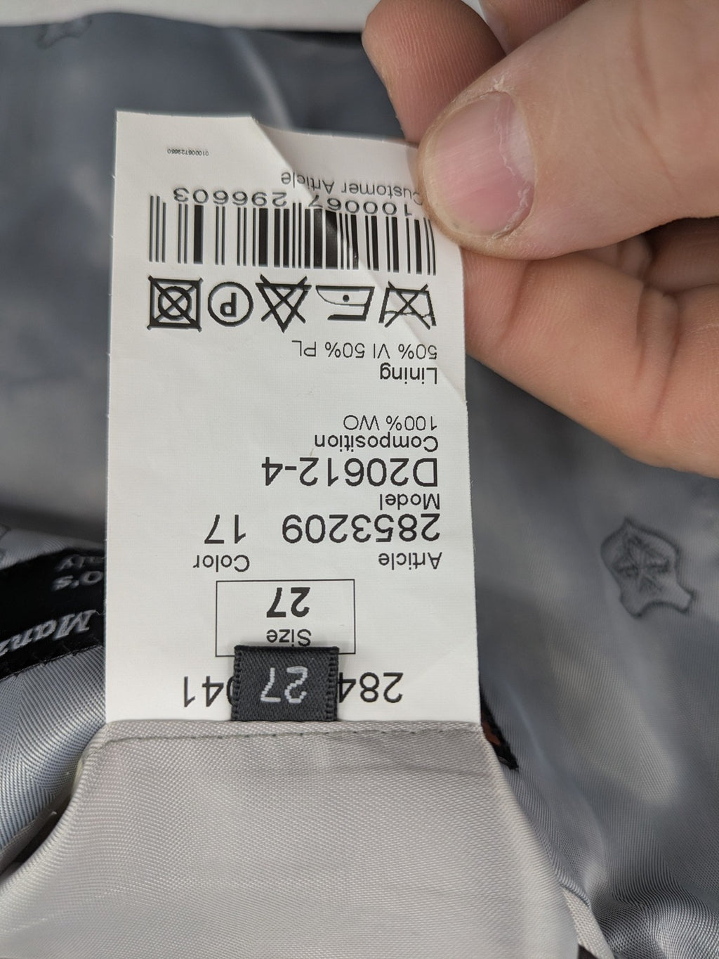 Desch grey blazer with dark grey pinstripe pattern, satin lining, and tailored design.