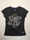 Superdry black t-shirt with large Osaka Brand logo and subtle floral pattern.