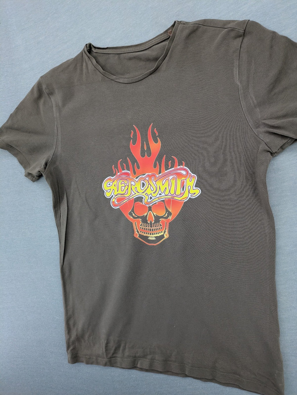Aerosmith khaki band t-shirt featuring large flaming skull graphic and logo, slim fit.