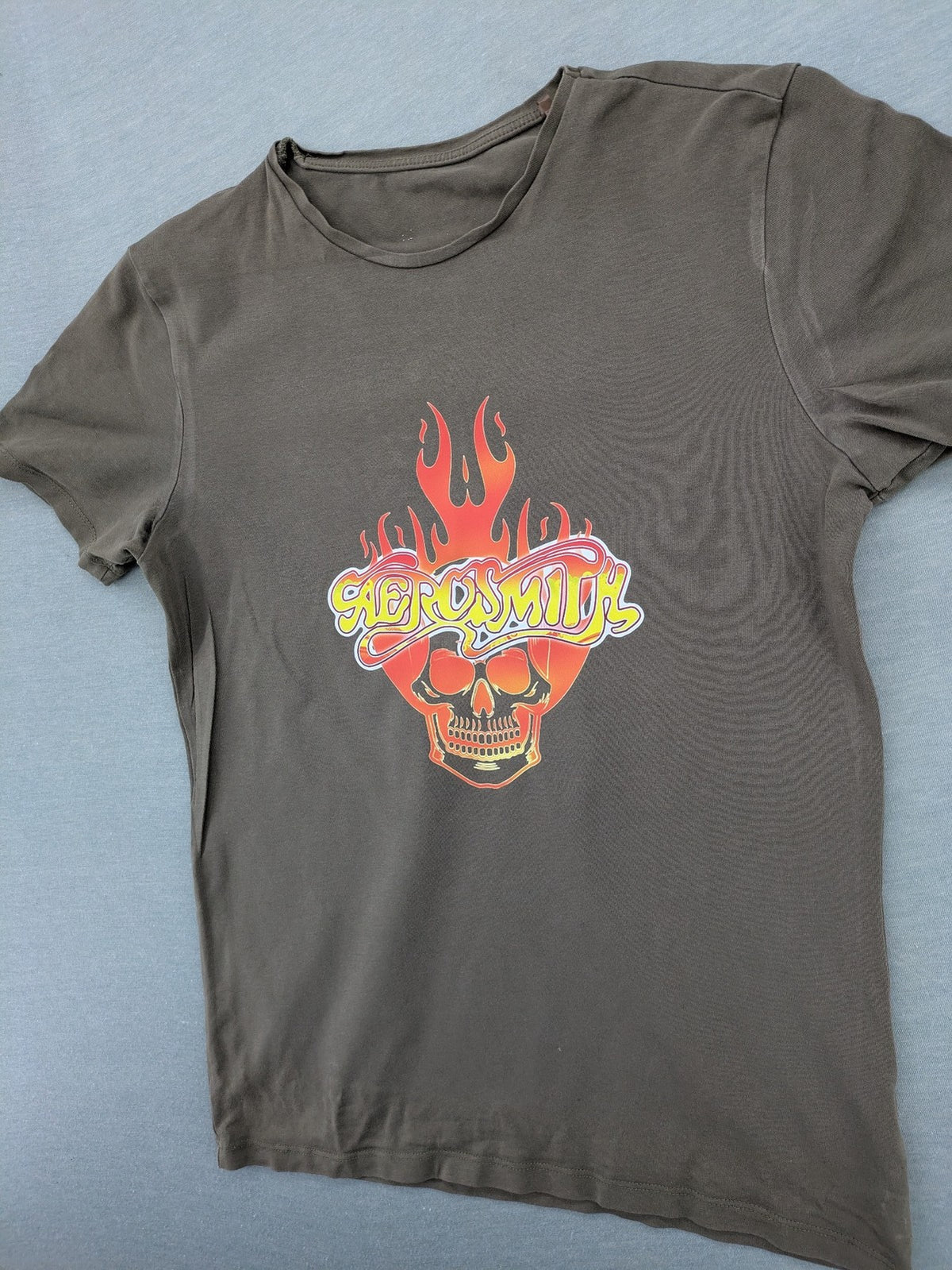 Aerosmith khaki band t-shirt featuring large flaming skull graphic and logo, slim fit.