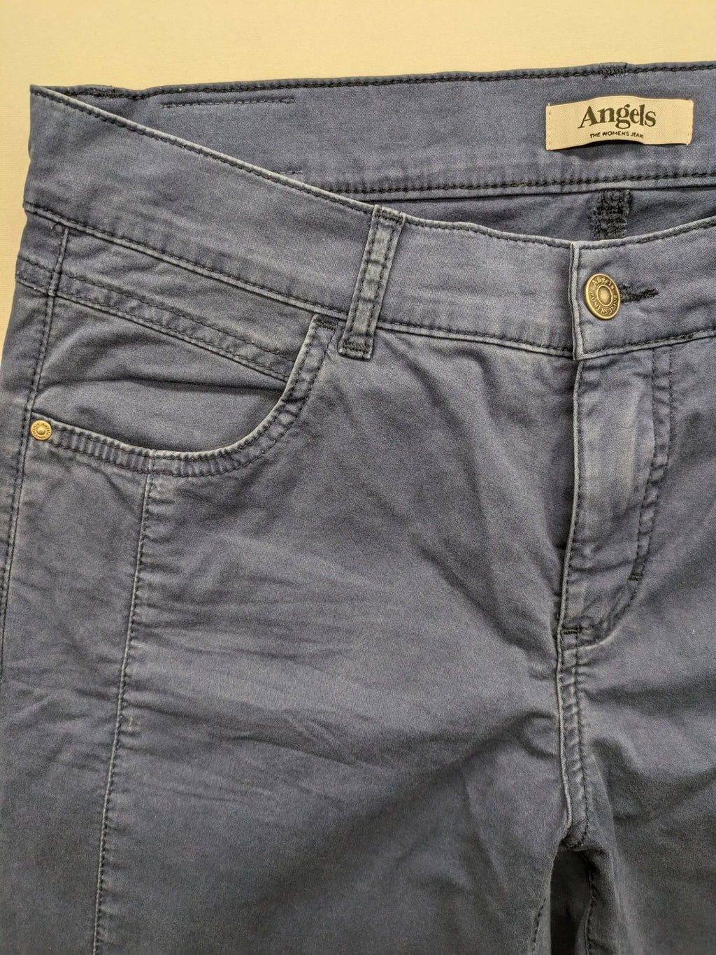 Angels blue straight jeans with five-pocket design and vertical front seams.