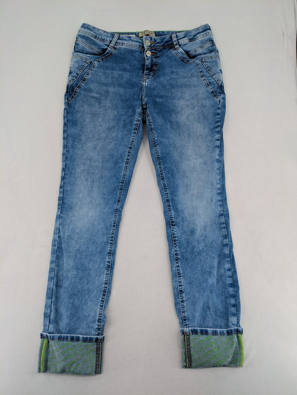 Street One blue straight jeans with green patterned cuffs and button fly detail.