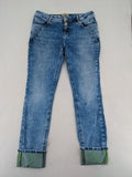 Street One blue straight jeans with green patterned cuffs and button fly detail.