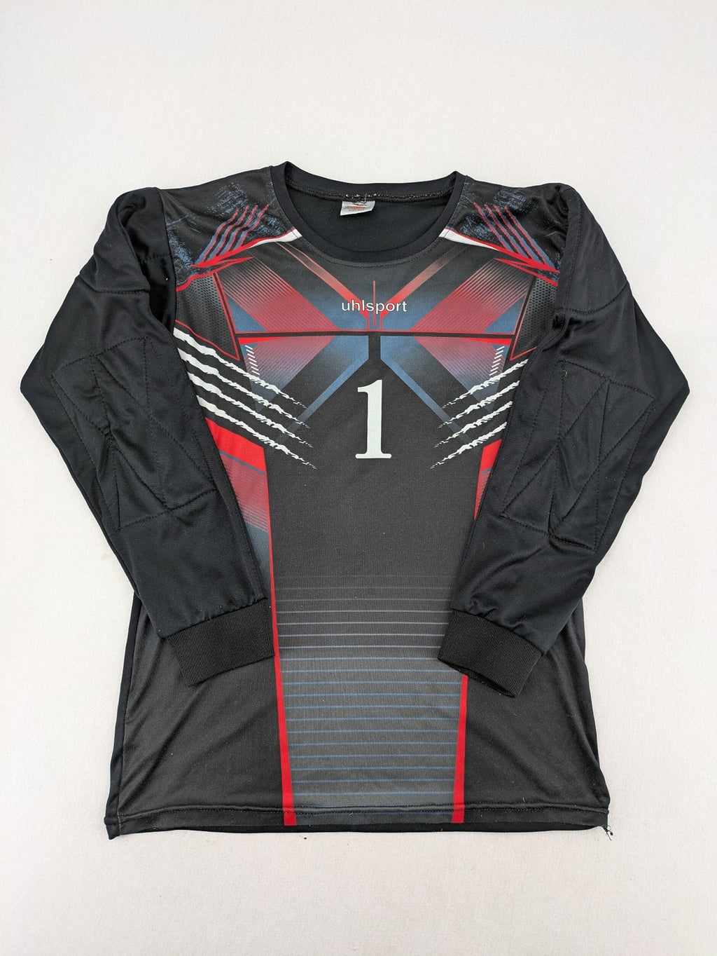 uhlsport long sleeve goalkeeper jersey black with red and blue accents, padded elbows, number 1