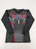 uhlsport long sleeve goalkeeper jersey black with red and blue accents, padded elbows, number 1