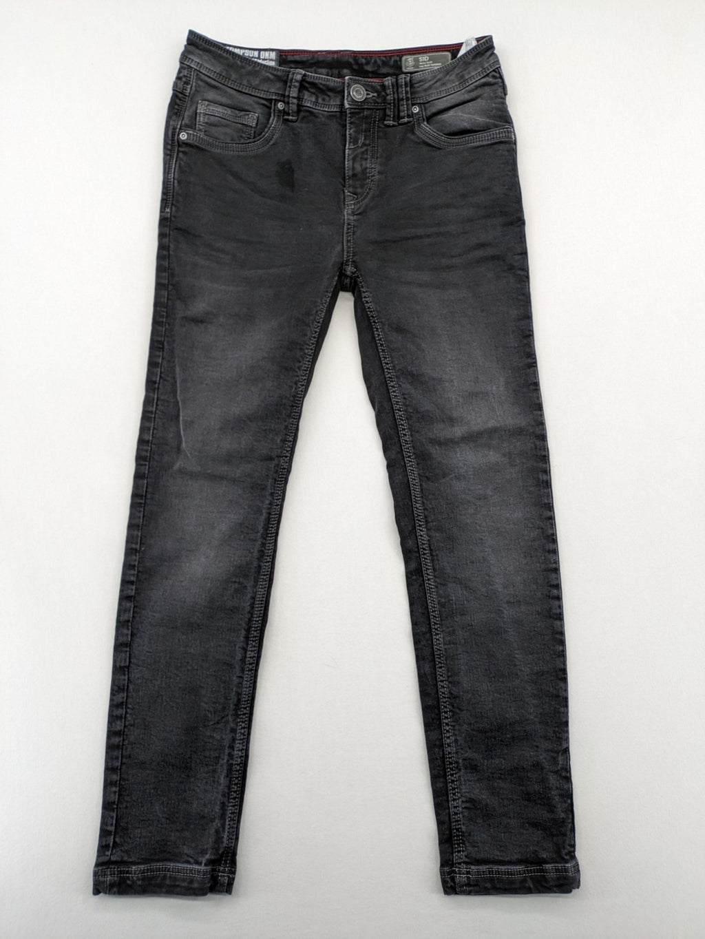 Tom Tompson grey slim tapered jeans with washed denim finish and subtle branding.