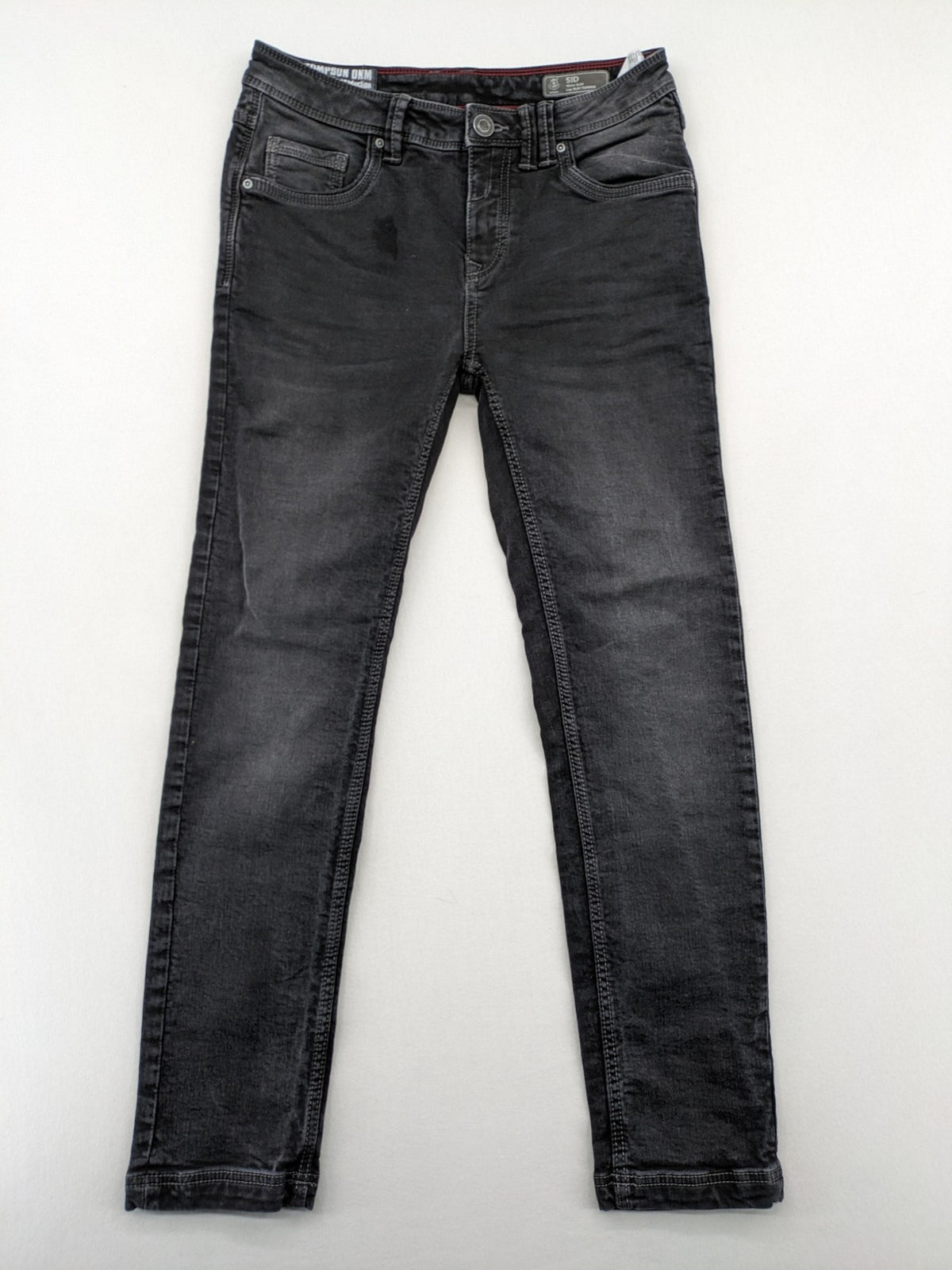 Tom Tompson grey slim tapered jeans with washed denim finish and subtle branding.