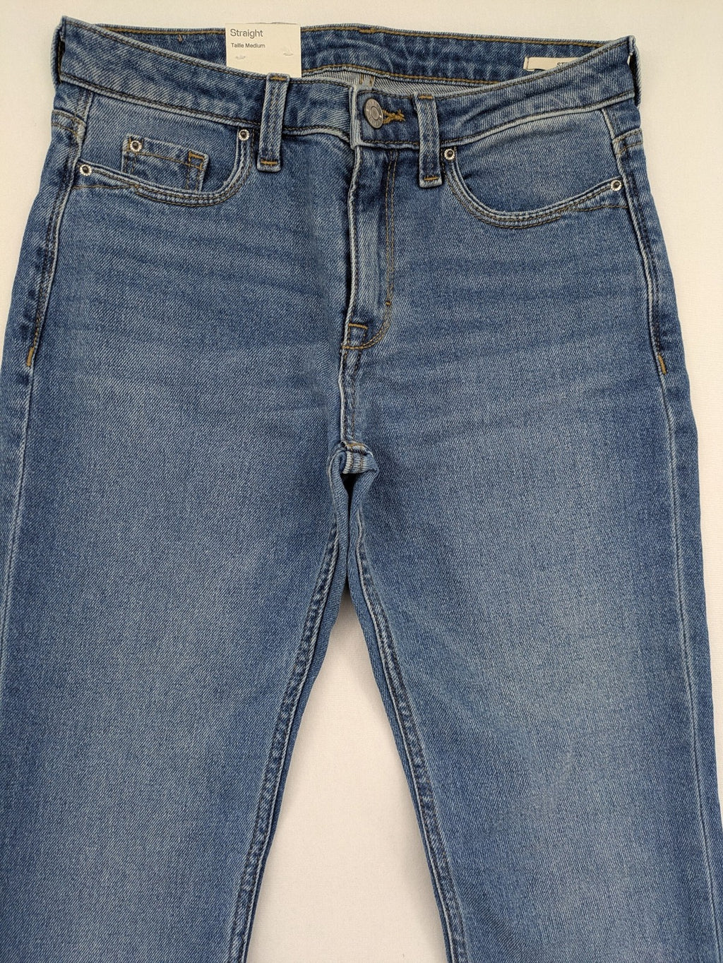 Esprit blue straight leg jeans medium rise with washed finish and cotton-stretch blend.