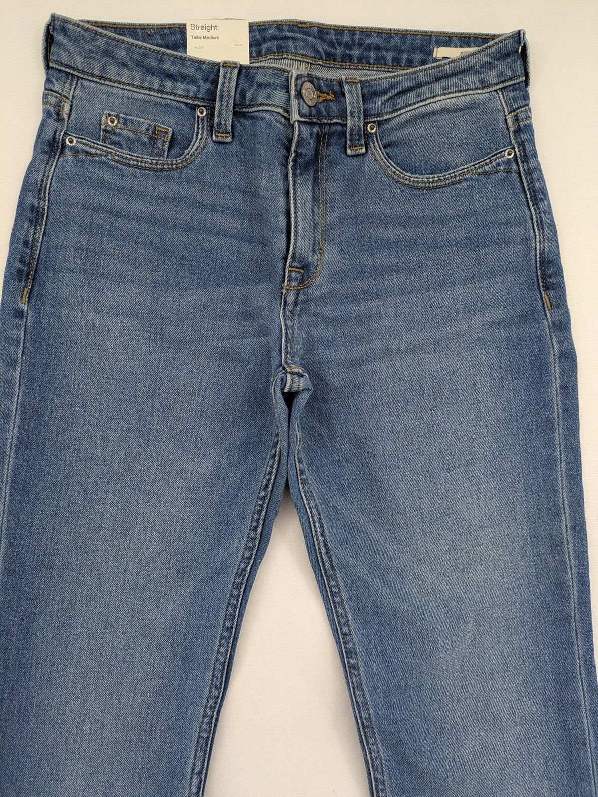 Esprit blue straight leg jeans medium rise with washed finish and cotton-stretch blend.