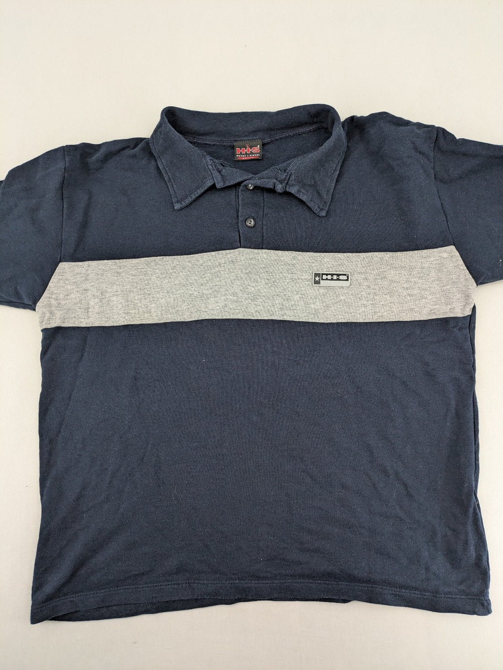 H.I.S navy turtle neck jumper with grey horizontal stripes and classic polo collar.