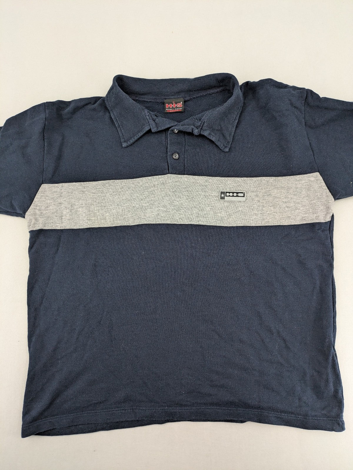 H.I.S navy turtle neck jumper with grey horizontal stripes and classic polo collar.
