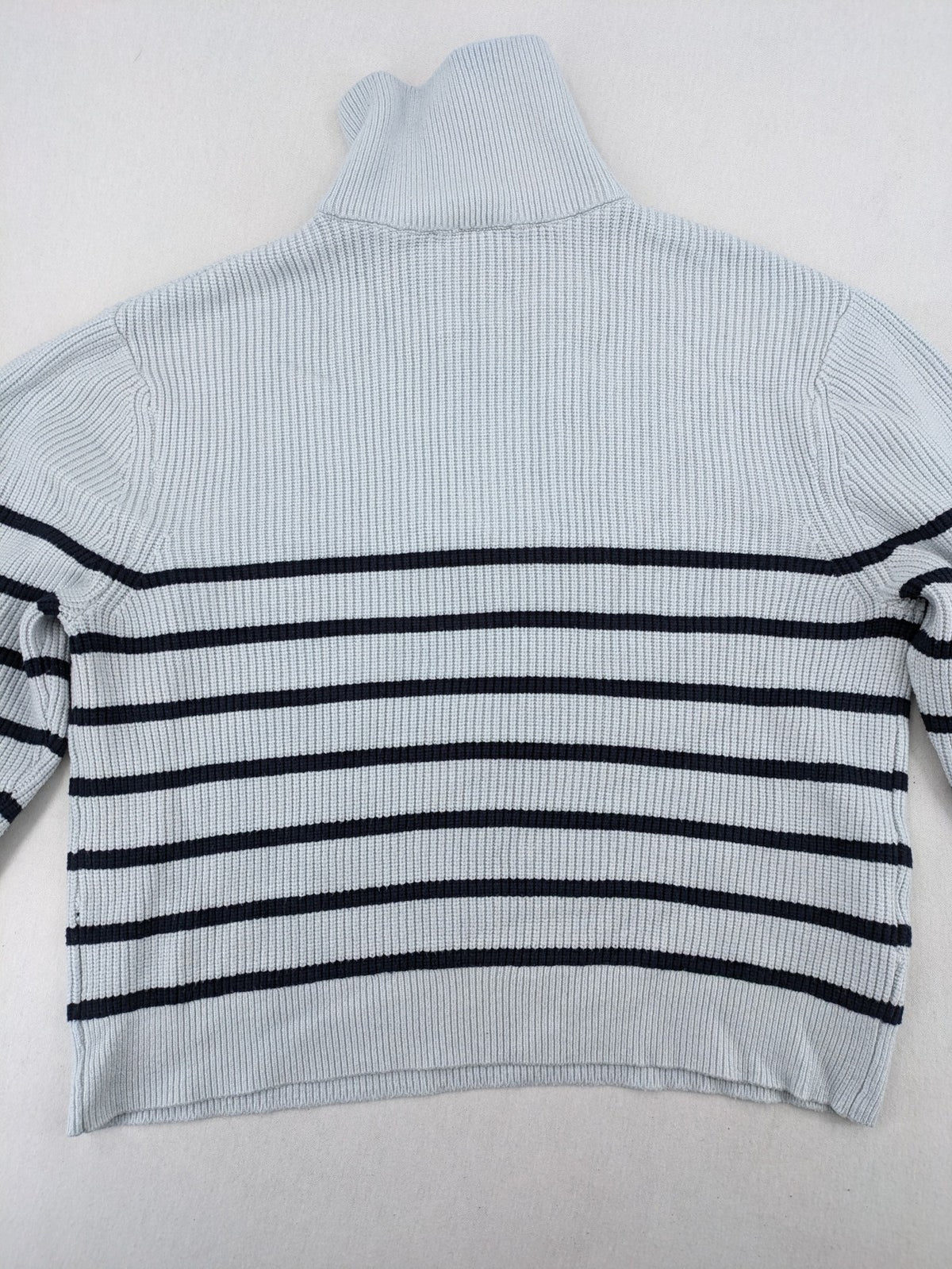 MNG blue striped turtle neck jumper with quarter zip and ribbed texture.