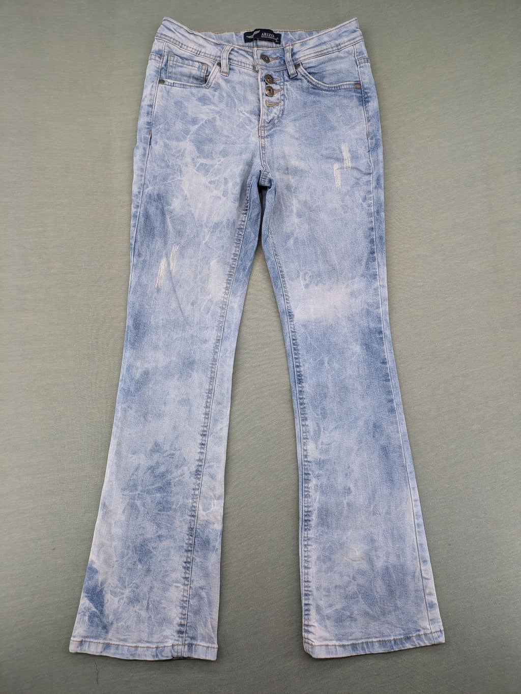 Arizona blue flare jeans with acid wash, button fly, and stretch denim material.