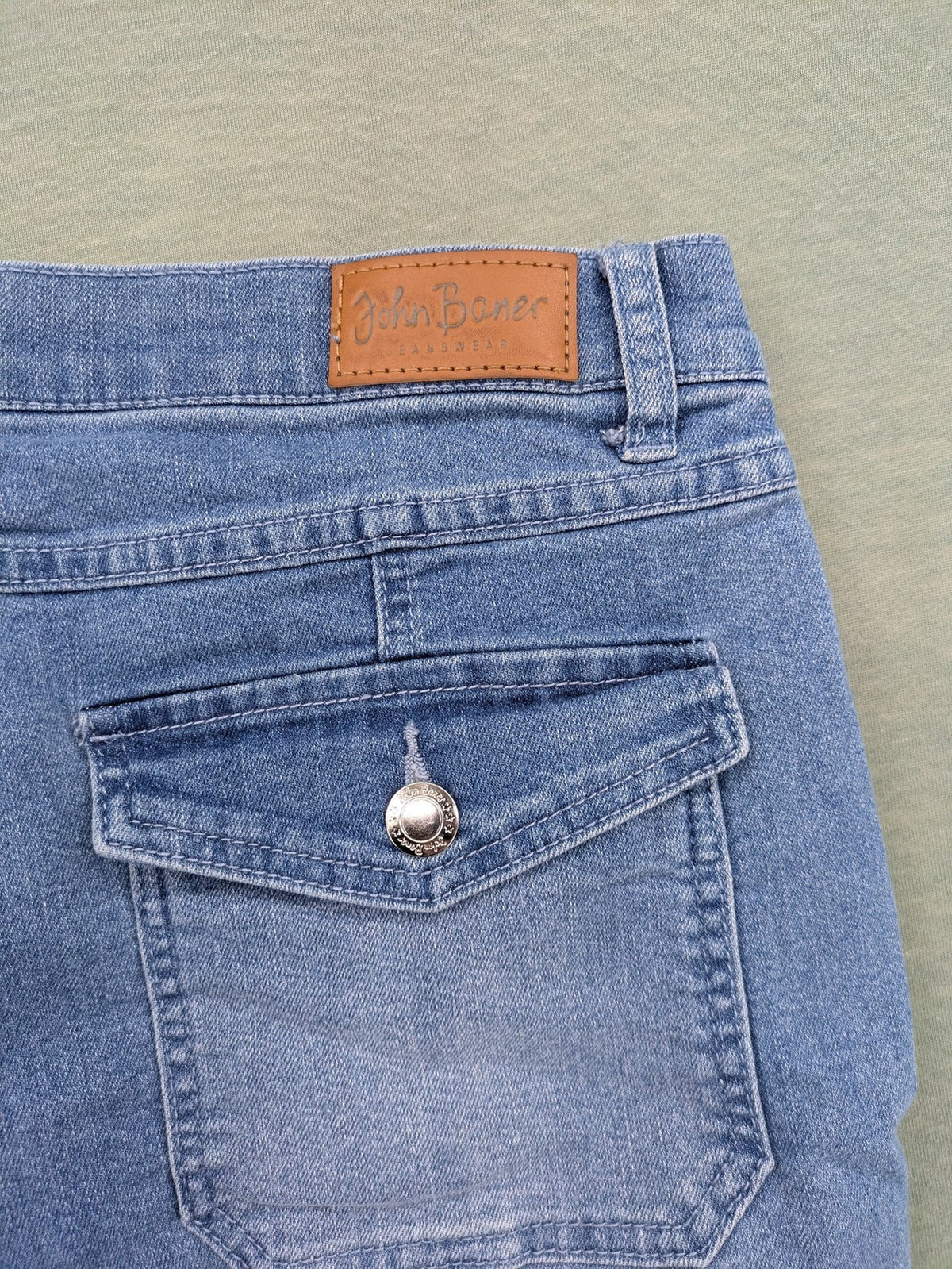 john baner blue straight jeans with decorative seams and button accents, stretch cotton blend