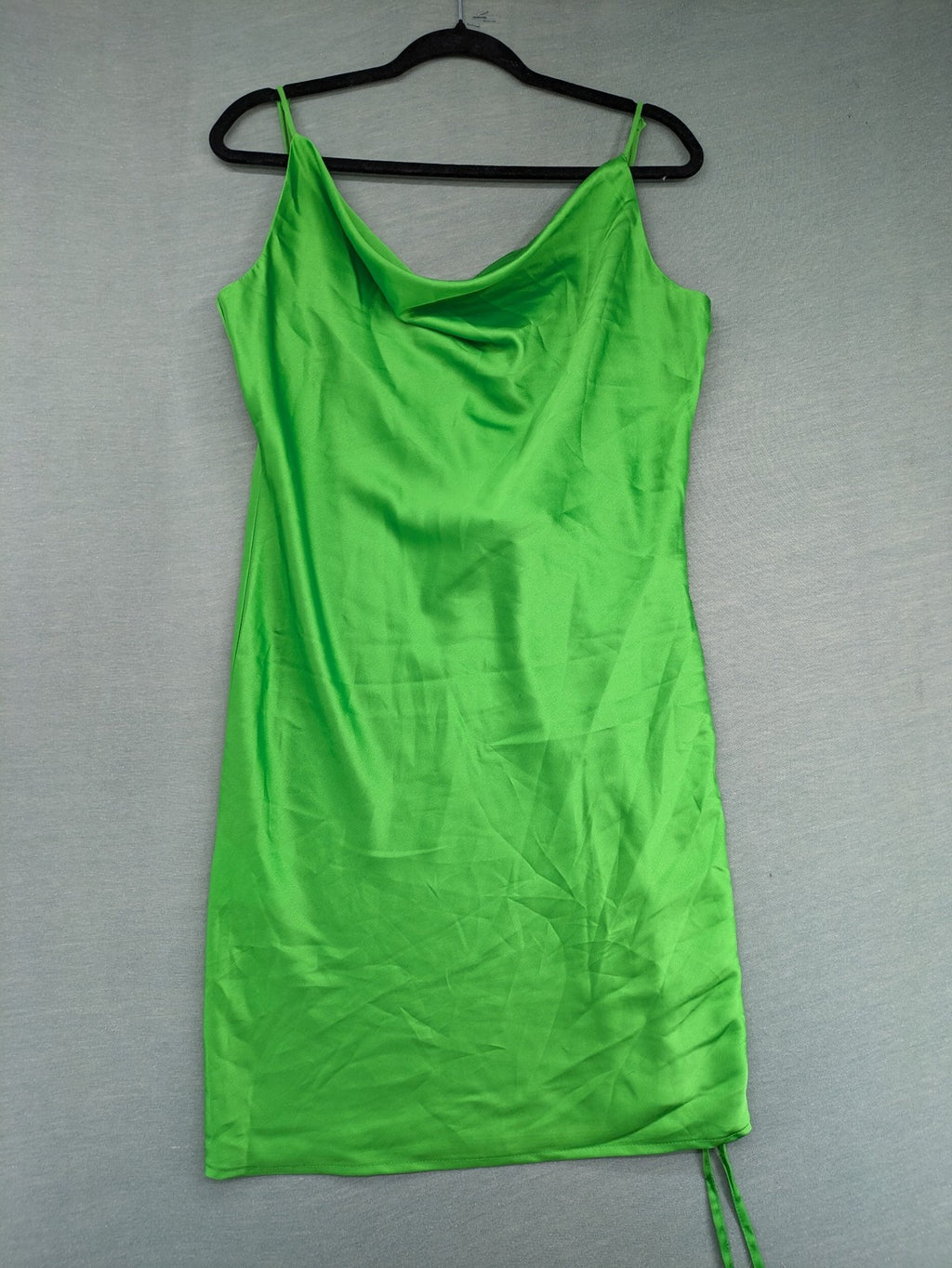 Amisu green satin slip dress with waterfall neckline and adjustable side ruching.