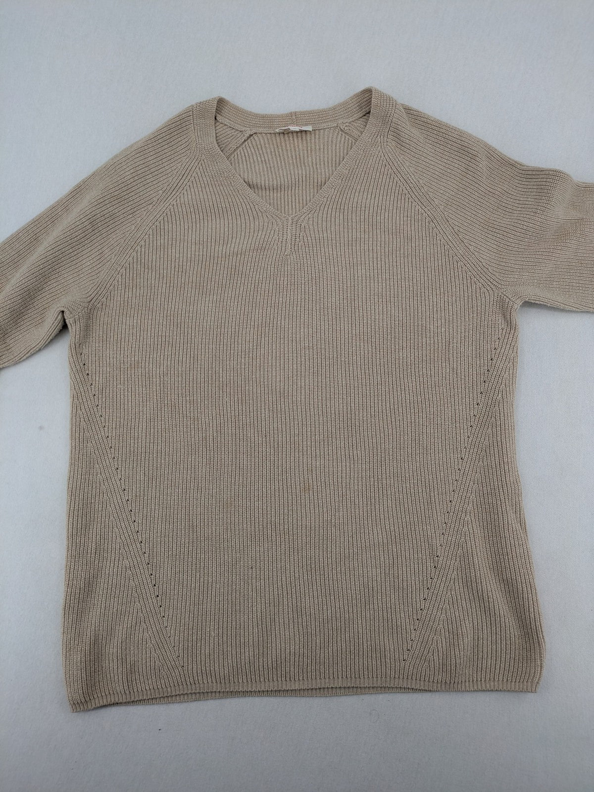 s.Oliver beige turtle neck jumper with V-neck, ribbed texture, and raglan sleeves