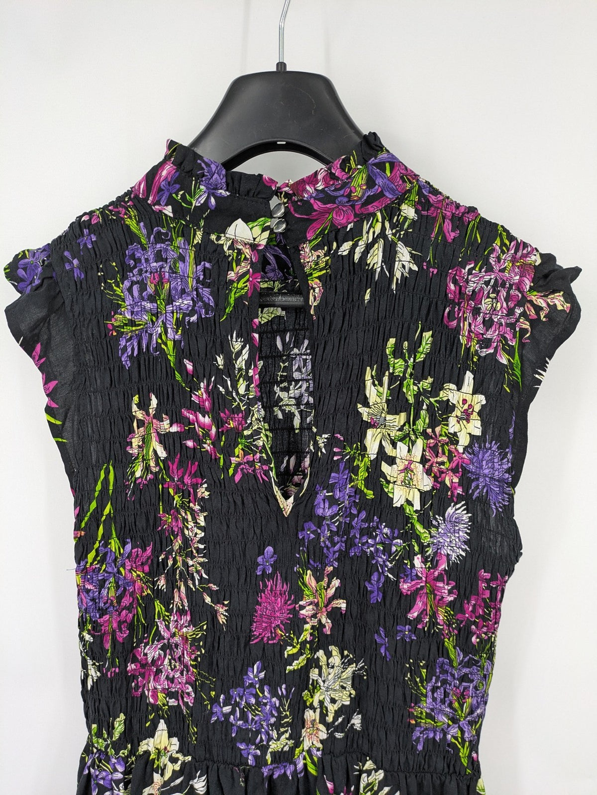 Bridal Party Dress multi floral pattern black background smocked bodice with stand-up collar