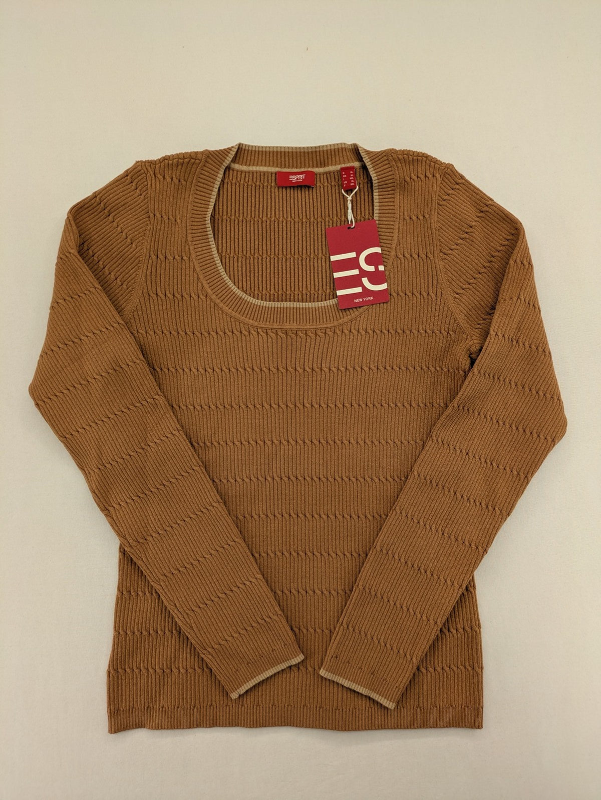 Esprit brown turtle neck jumper with ribbed texture and wide U-neckline.
