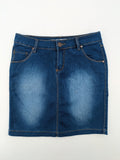Rose Player pink denim pencil skirt, five-pocket design, comfortable stretch material.