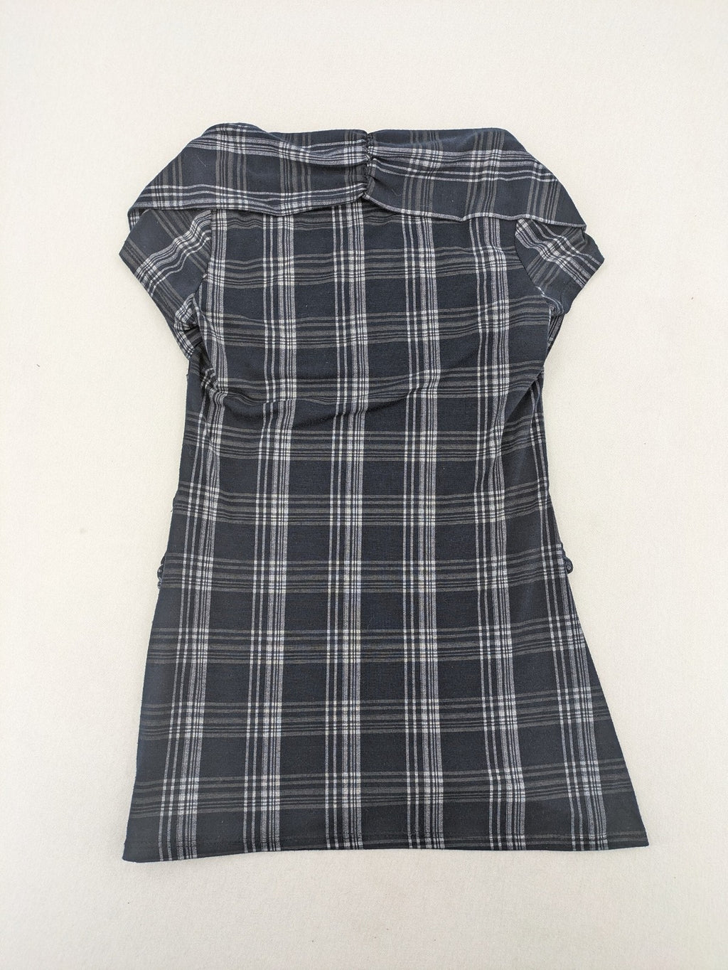 Eleganz navy and white checked top with square neckline and gathered bust detail.
