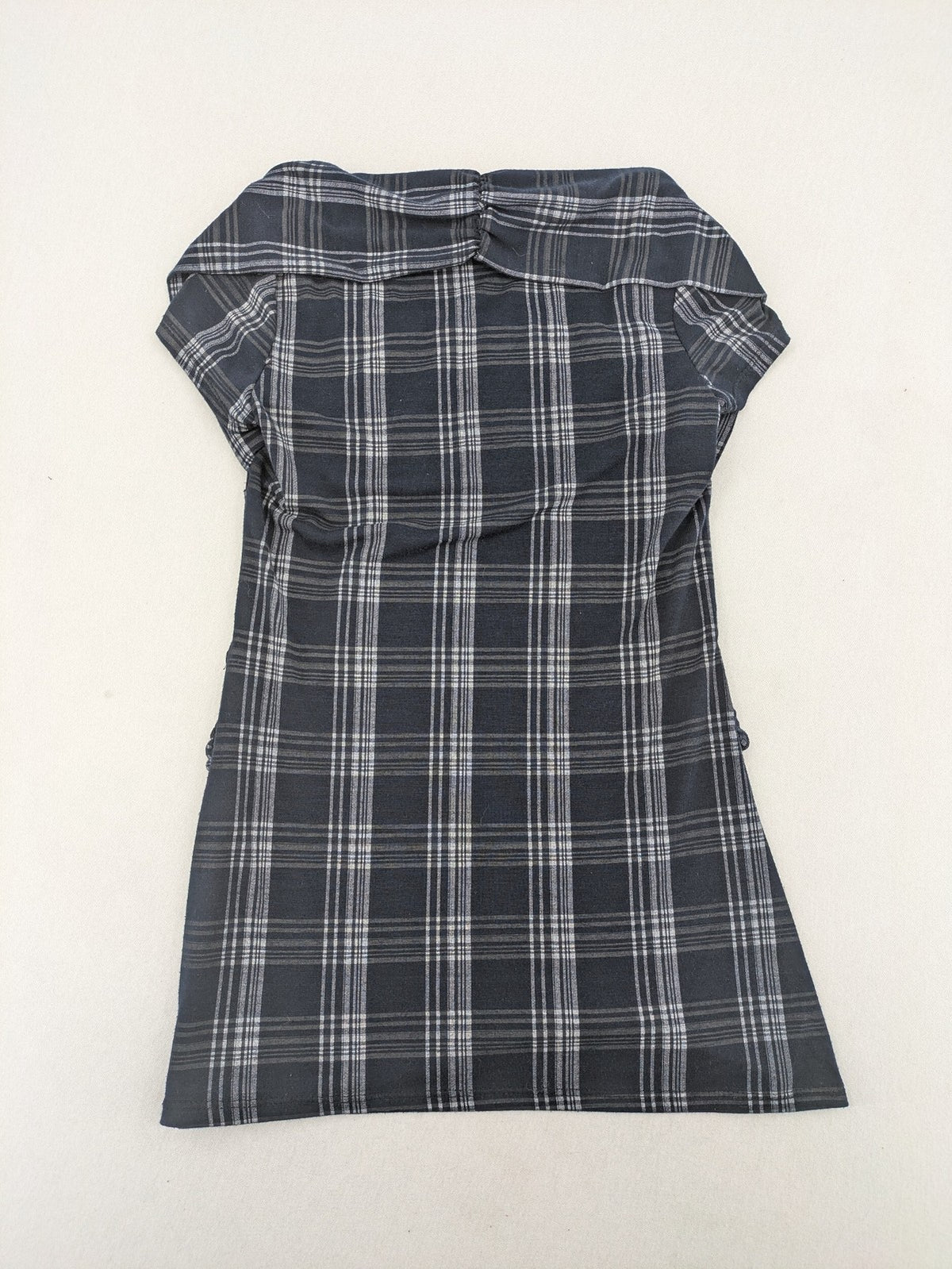 Eleganz navy and white checked top with square neckline and gathered bust detail.