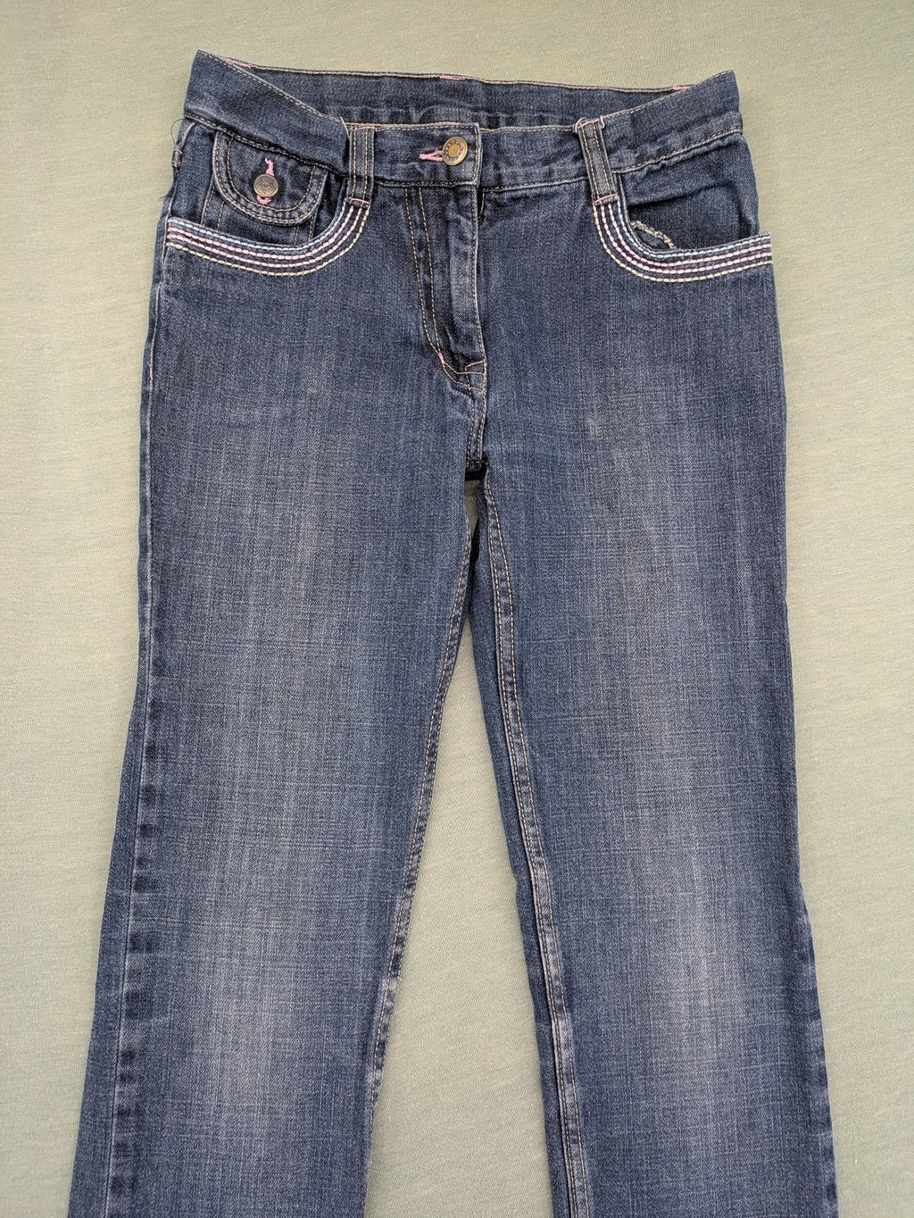Straight Leg blue pants 100% cotton with decorative stitching and classic 5-pocket style.