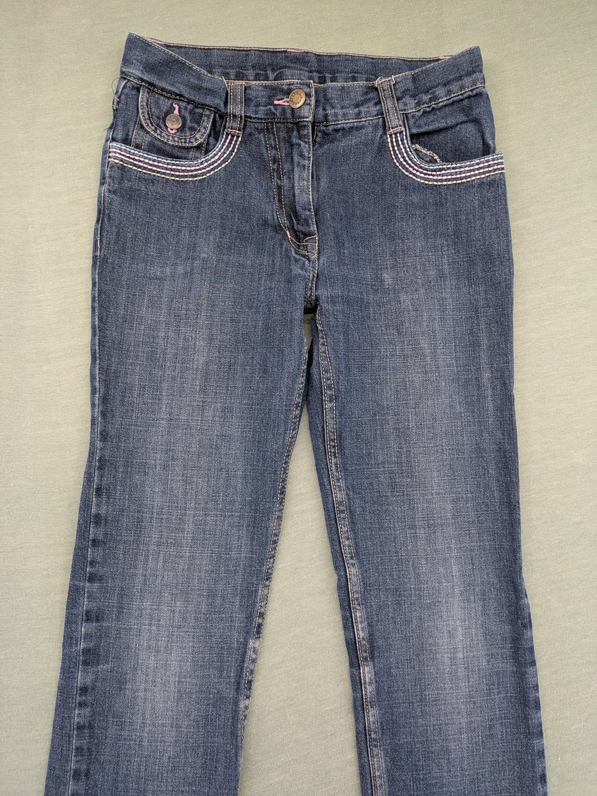 Straight Leg blue pants 100% cotton with decorative stitching and classic 5-pocket style.