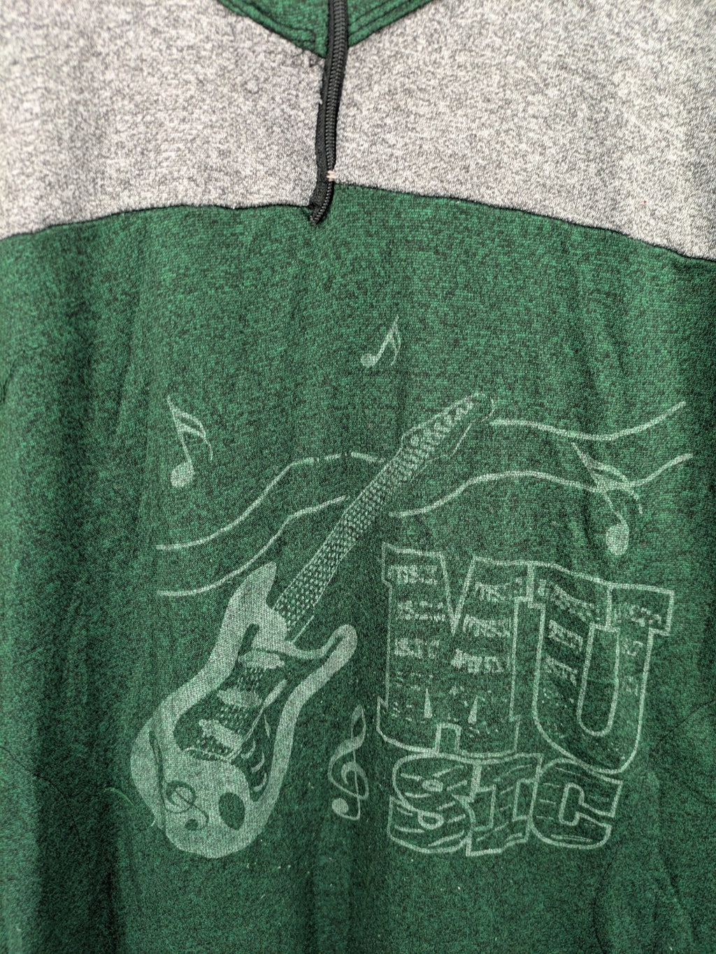 perfekt green hoodie dress quarter-zip guitar graphic colorblock design