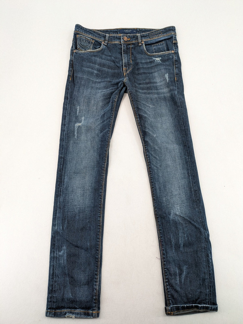 Lufian blue straight jeans dark wash distressed 5-pocket style with stretch denim.