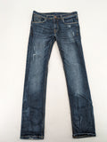 Lufian blue straight jeans dark wash distressed 5-pocket style with stretch denim.