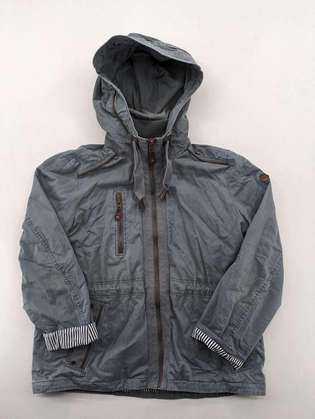 edc grey parka jacket with hood, adjustable drawstrings, and striped lining